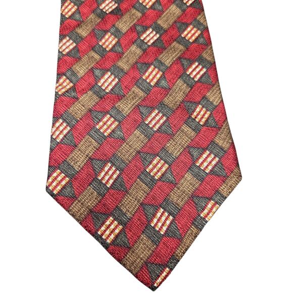 ERMENEGILDO ZEGNA Men Tie 100 Silk Red Green Geometric Italy Luxury Modern Style - Picture 3 of 8